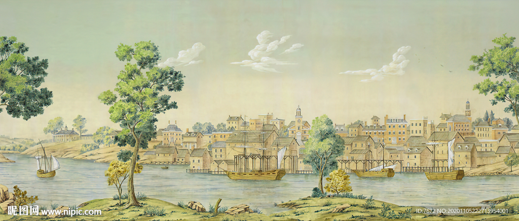 手绘欧洲城市湖畔风景