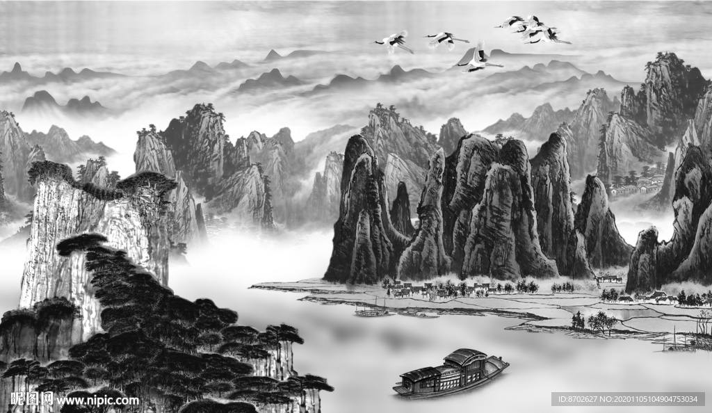 山水国画水墨山水画意境水墨画