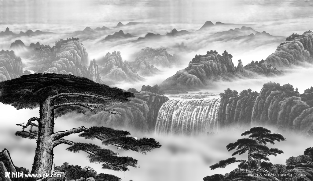 山水画国画水墨画迎客松