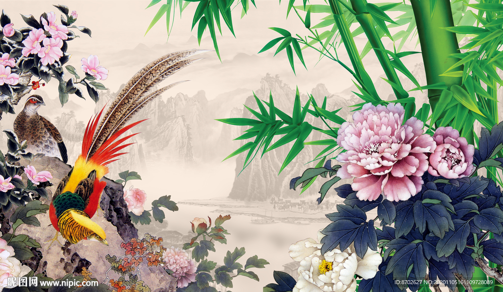 国画花鸟牡丹花竹报平安