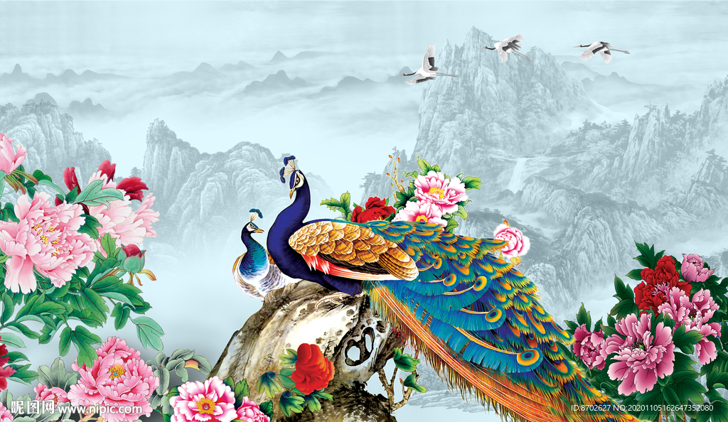 国画牡丹孔雀花鸟画