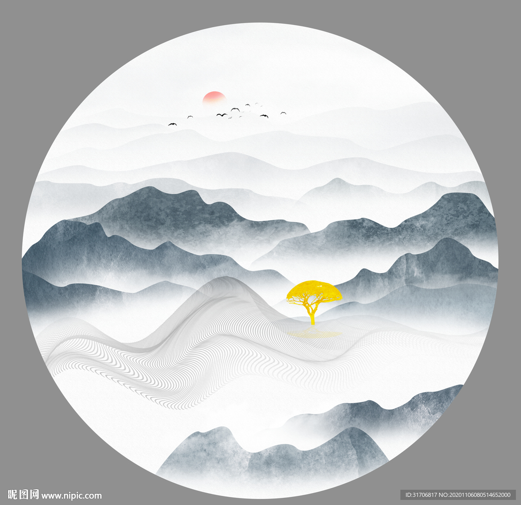 圆形抽象山水画