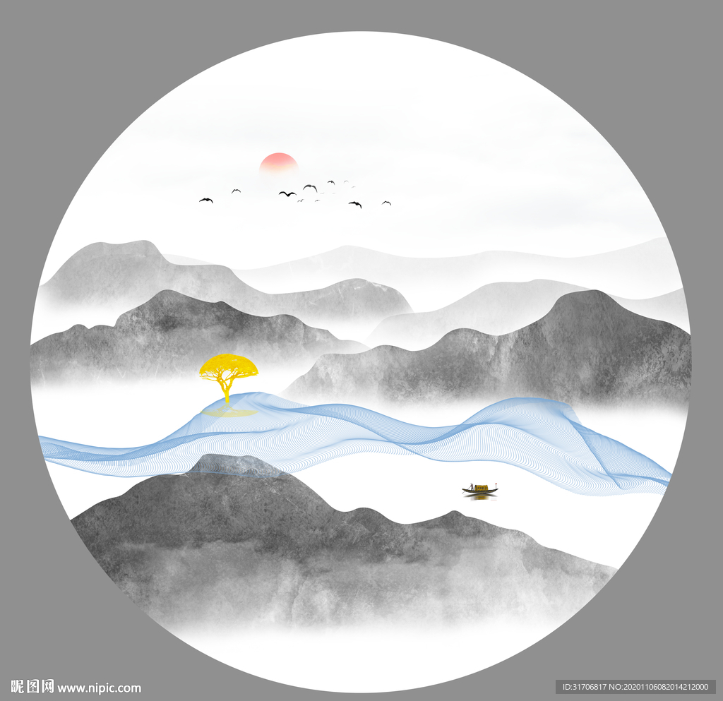 圆形抽象山水画