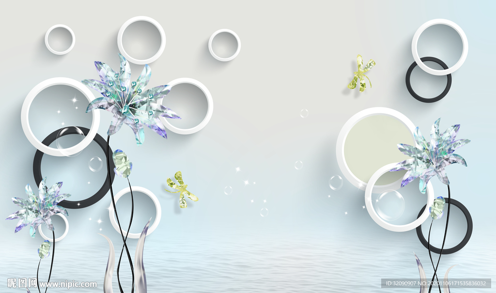 水晶花圆圈倒影蝴蝶背景