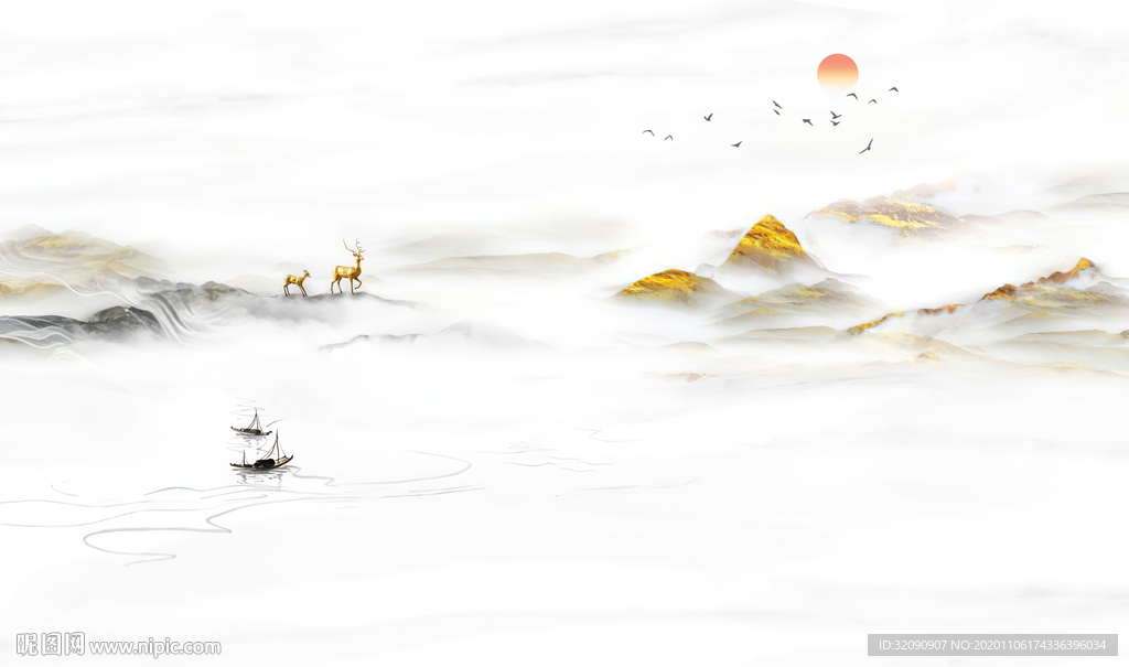 大理石小鹿新中式山水背景