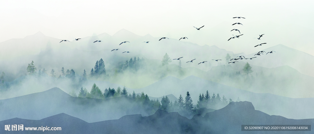 新中式山水雾凇飞鸟背景墙