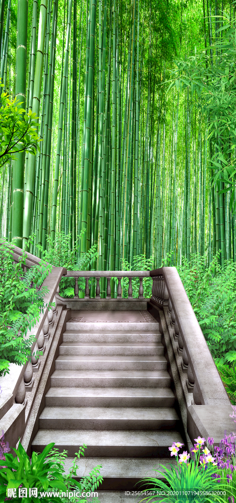 清新竹林木板路过道3D玄关