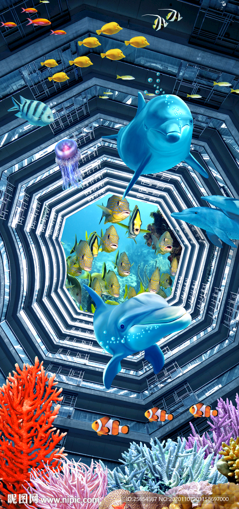 海底世界海洋鱼群3d玄关背景墙