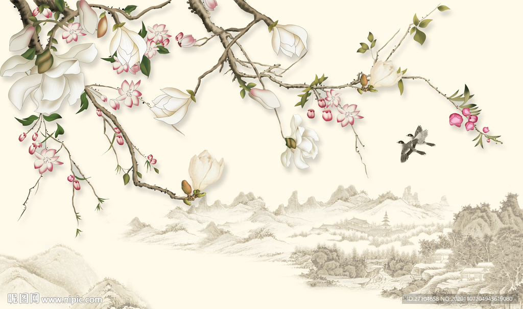 新中式玉兰花山水风景画背景墙