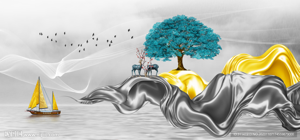 麋鹿丝绸装饰画