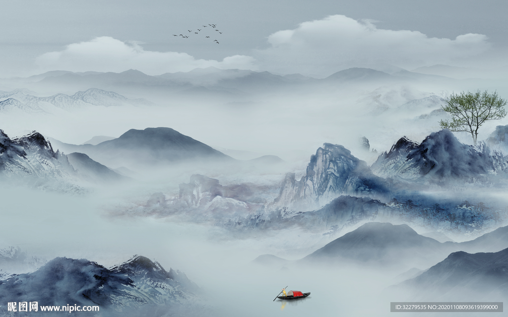 蓝色高清山水画 文件分层画