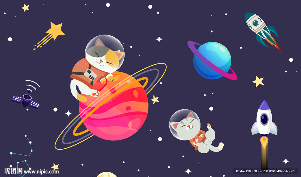 卡通猫咪宇宙太空儿童背景墙