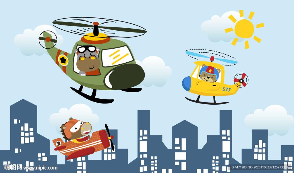 北欧动物飞行员儿童房背景墙