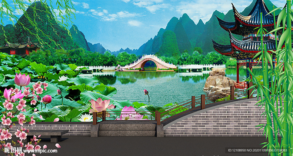 古代戏曲园林花园竹子小桥围栏