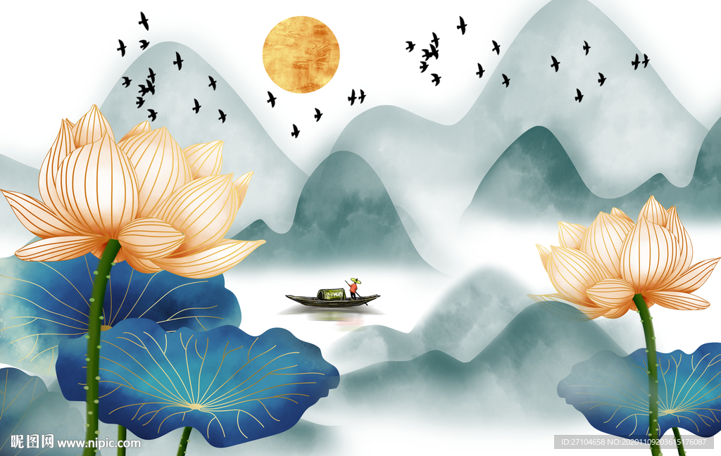 新中式水墨山水荷花背景墙