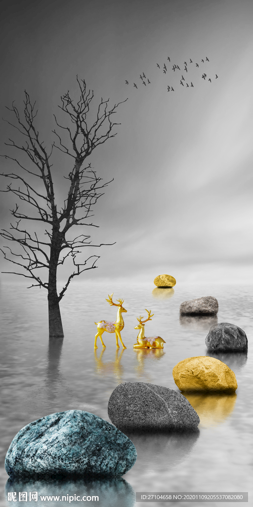 石来运转麋鹿玄关背景墙