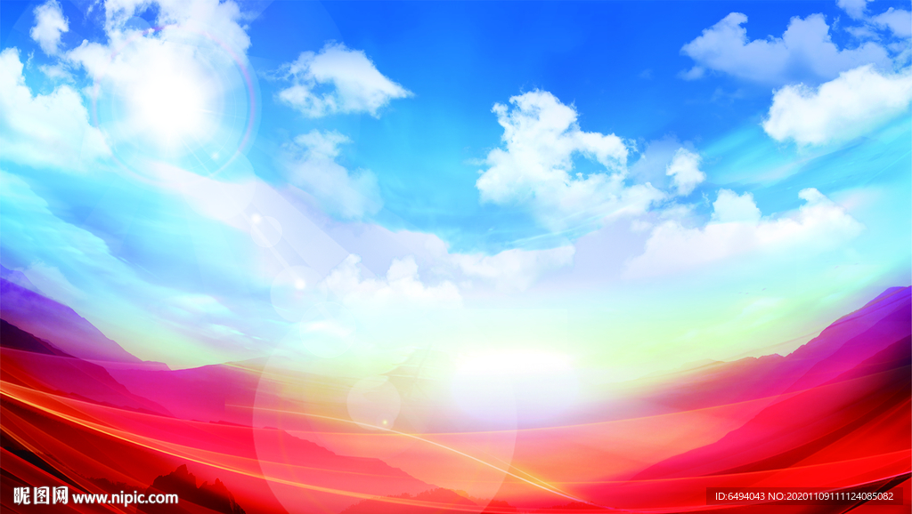 高空蓝天白云红色背景