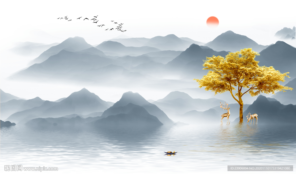 山水屏风山水壁画山水电视背景墙