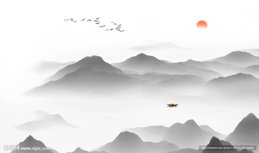 山水背景墙水墨山水画黑白山水