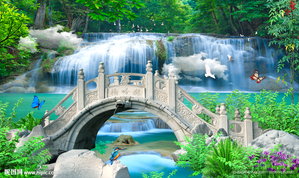 流水生财风景背就墙