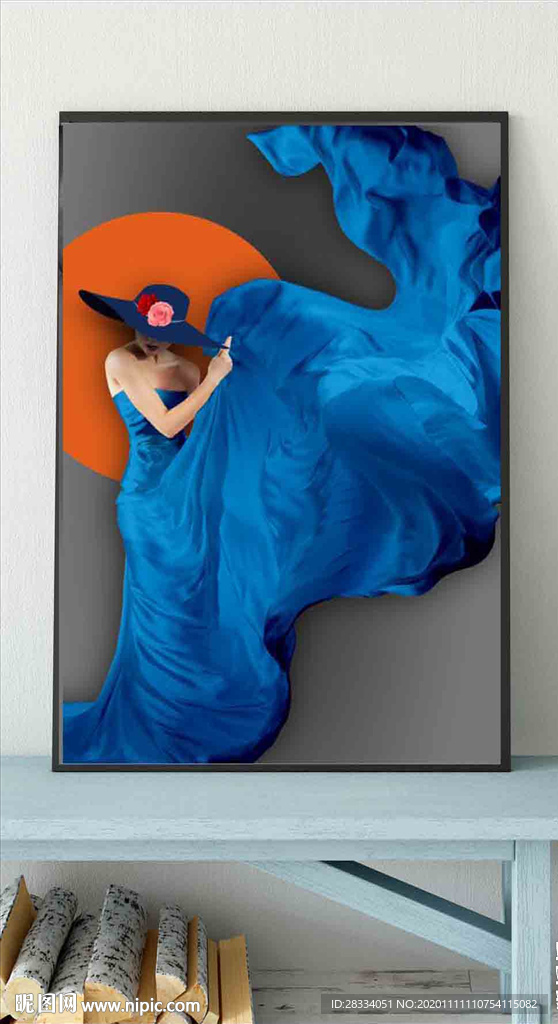 现代爱马仕蓝长裙美女装饰无框画