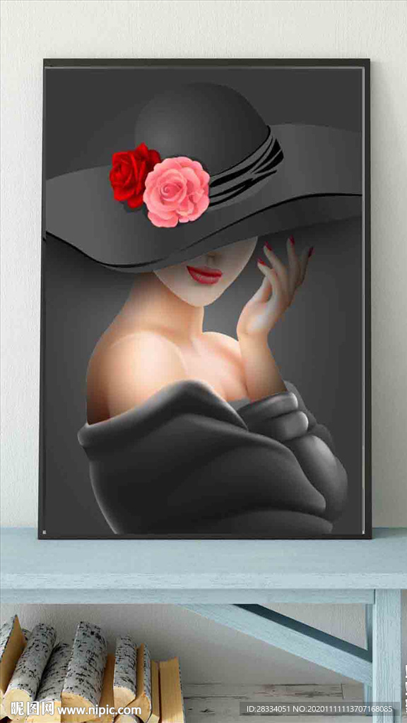 现代北欧风帽子美女玄关装饰画