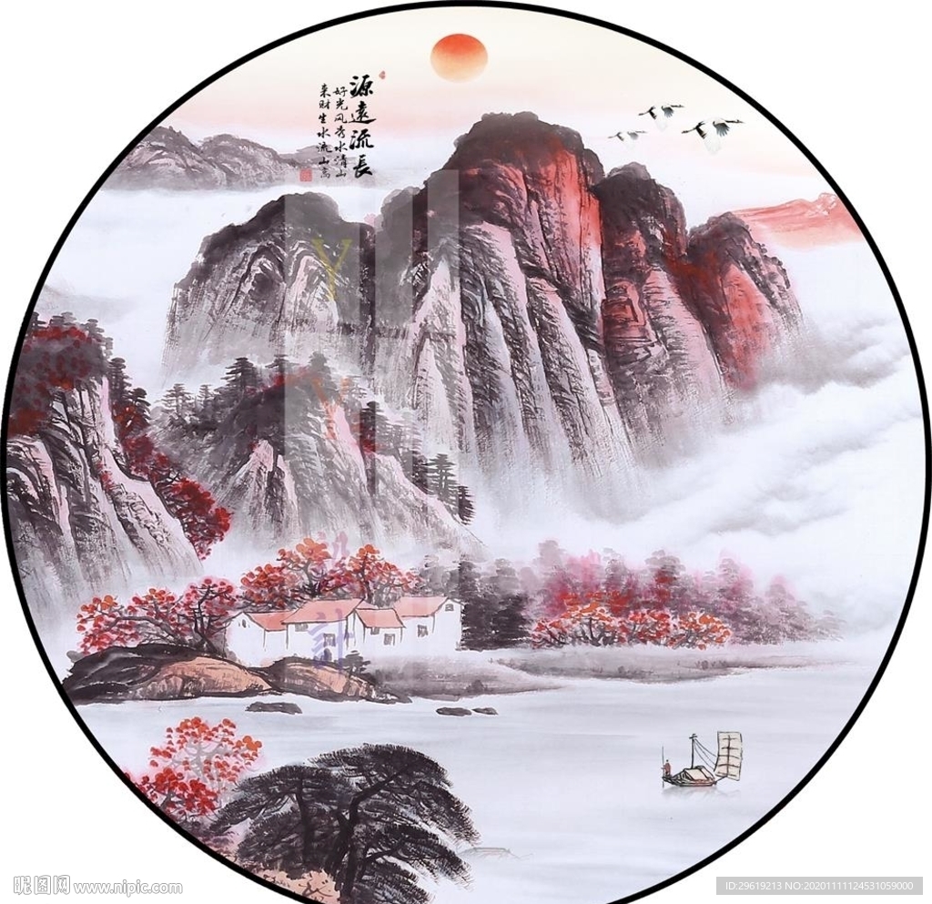 新中式源远长流圆形装饰画