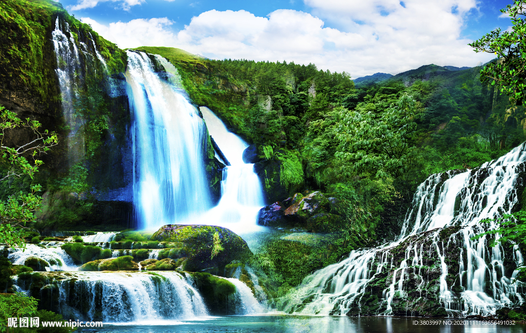 山水瀑布风景 山水风景画