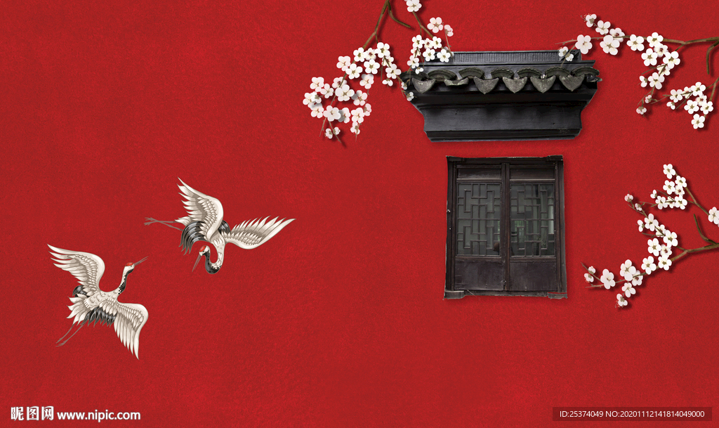 鹤 中式 红色 背景墙 徽派