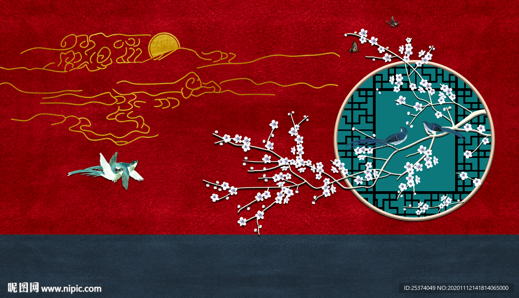 中式 花鸟 背景墙 复古