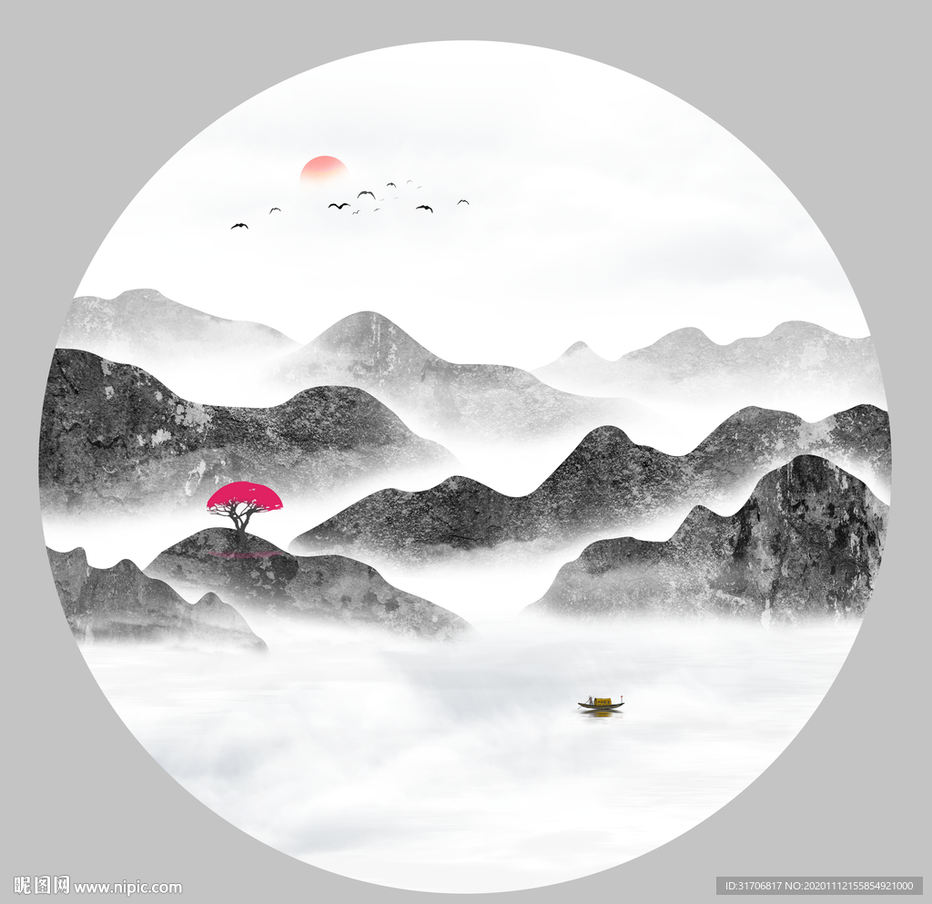 圆形水墨山水画
