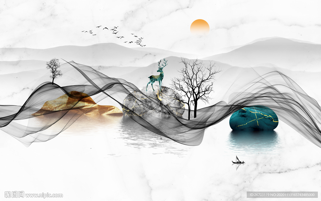 新款抽象意境山水烟雾电视背景墙