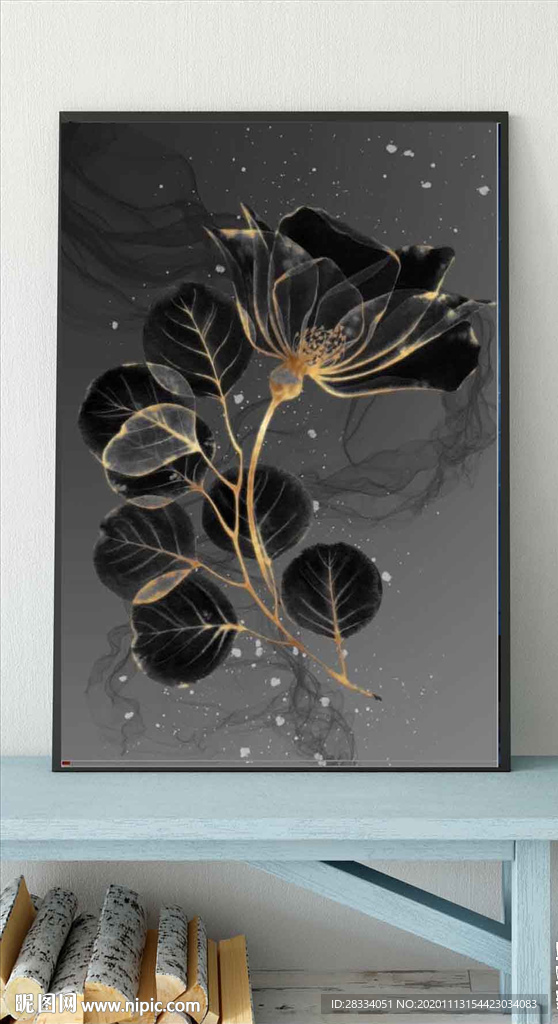 北欧风烁金黑金花朵玄关装饰画