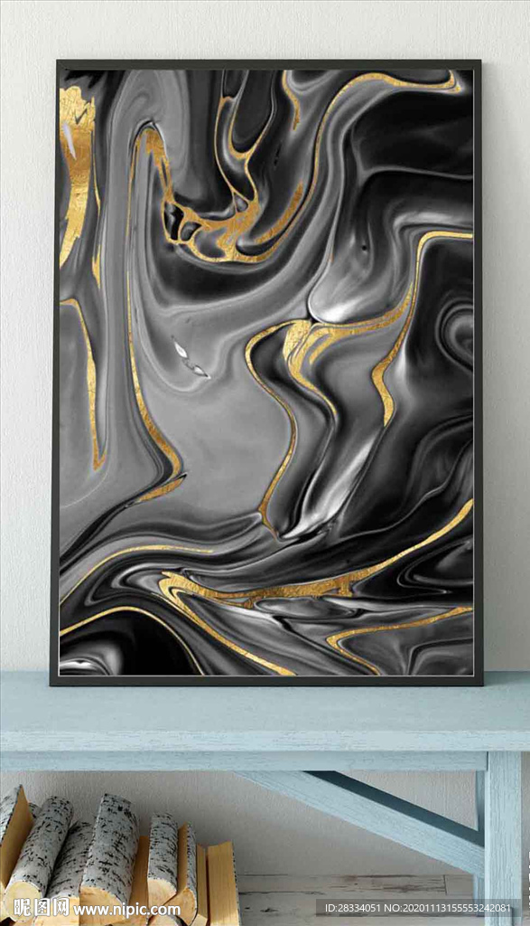 北欧风烁金抽象线条玄关装饰画