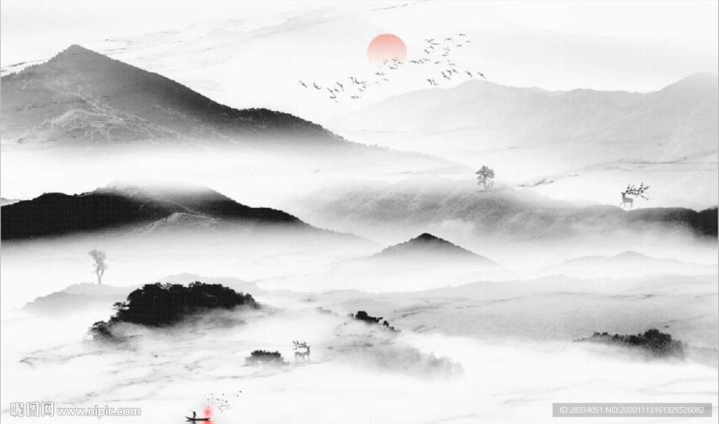 新中式水墨山水风景电视背景墙