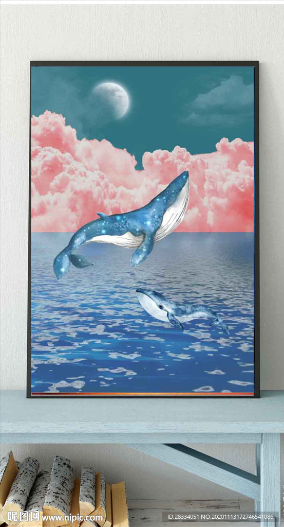 北欧创意蓝色鲸鱼天空玄关装饰画
