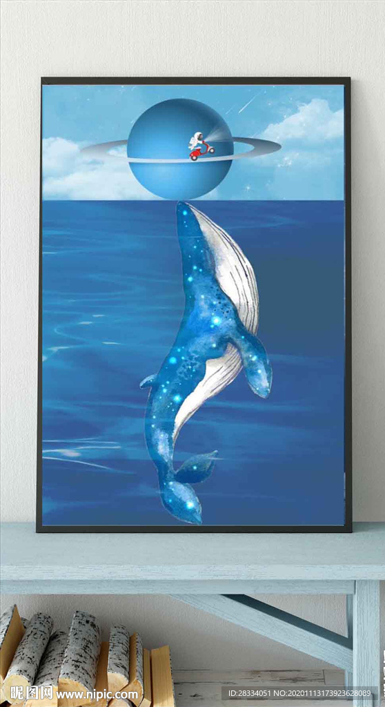 北欧创意蓝色鲸鱼宇航玄关装饰画