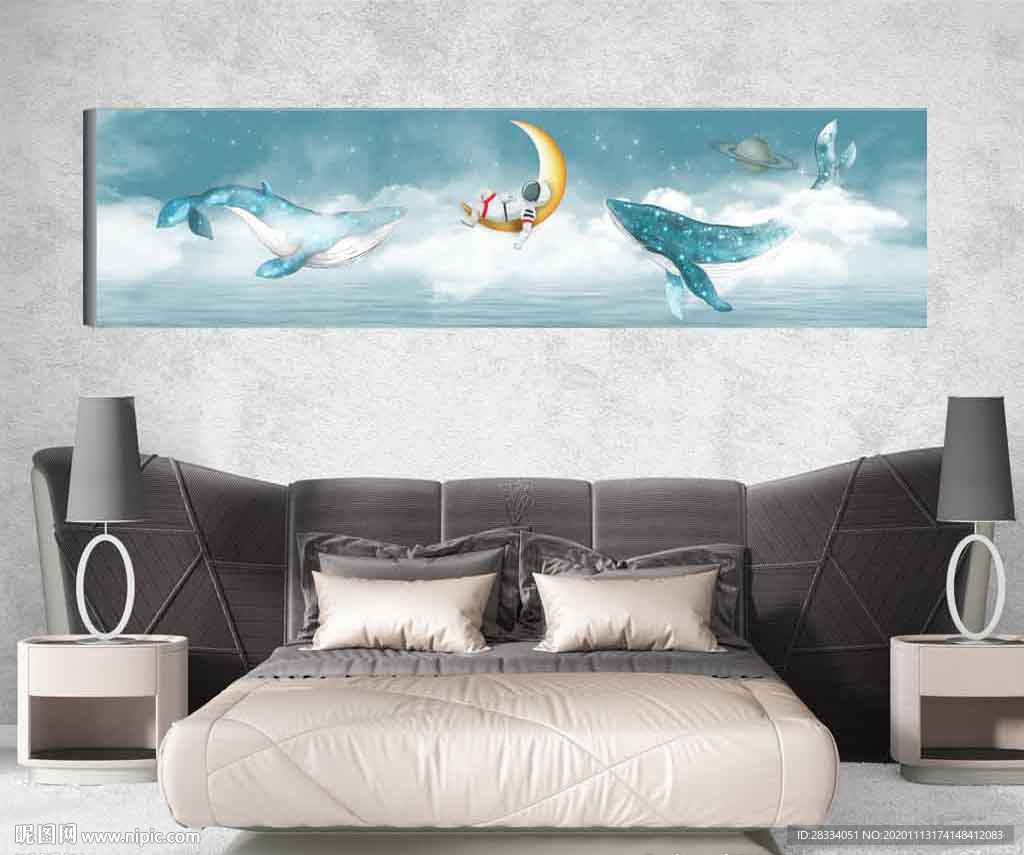 儿童房鲸鱼宇航员床头装饰画