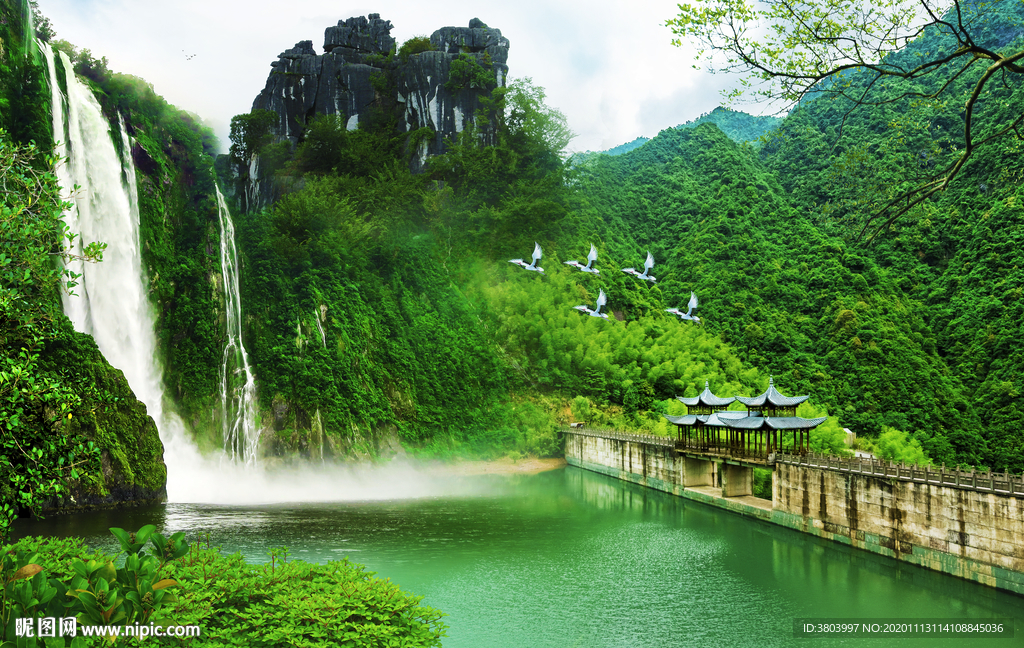 流水生财 瀑布山水画