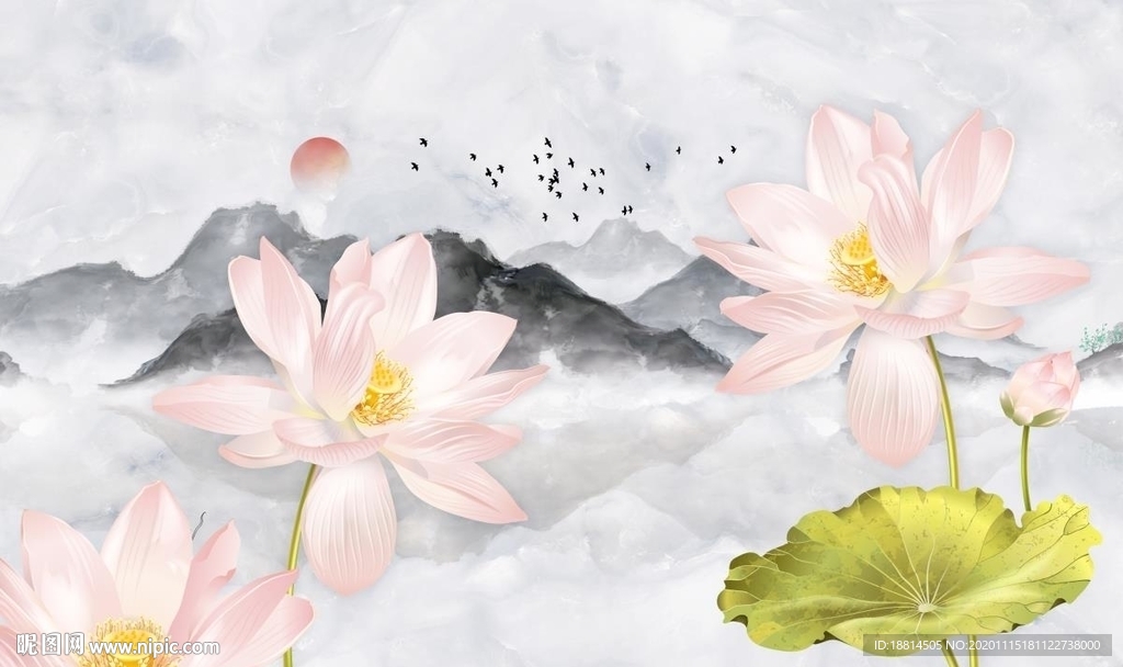 旭日东升爵士白荷花背景墙