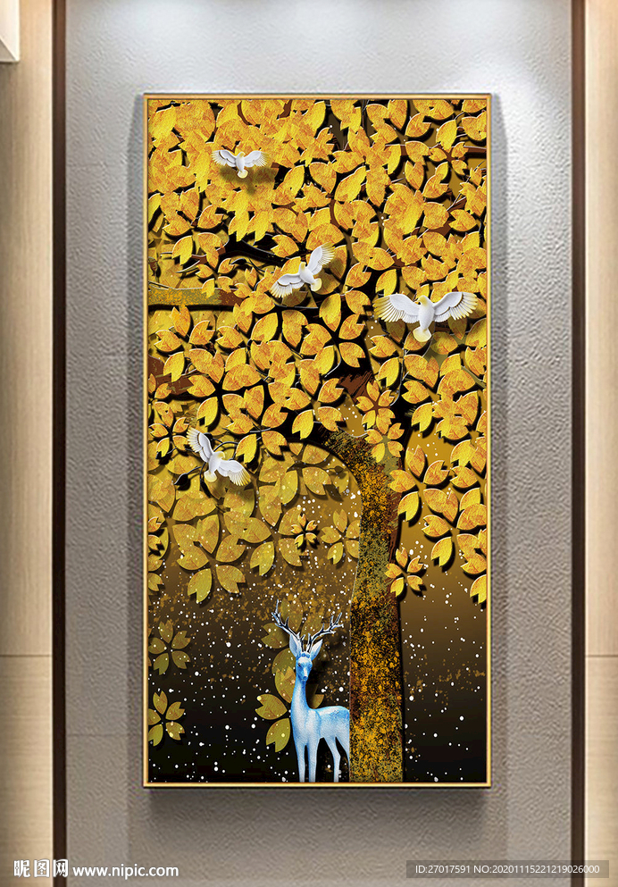 黄金树麋鹿发财树玄关画
