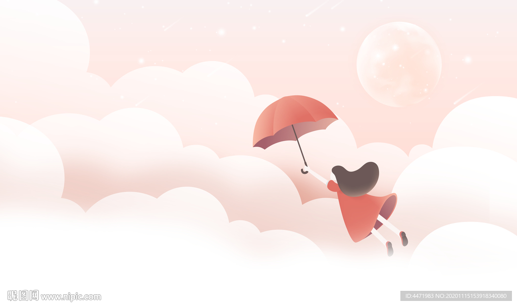 云朵上的女孩背景墙插画