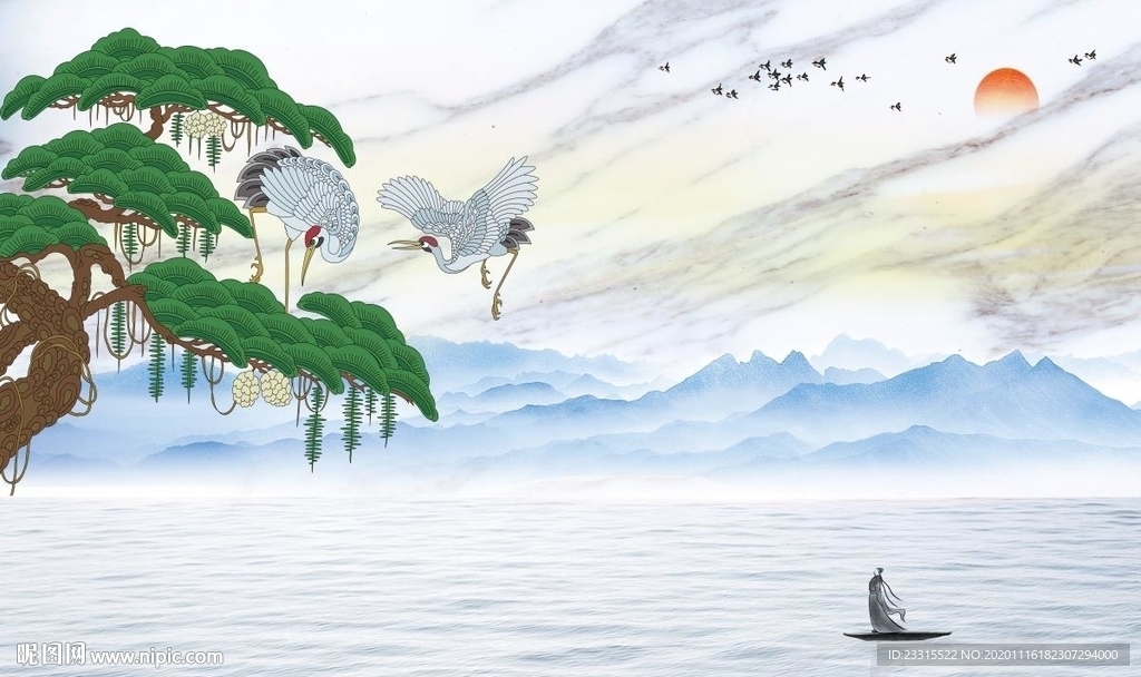 旭日东升仙鹤迎客松电视背景墙