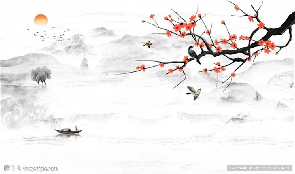 新中式红梅旭日东升水墨山水