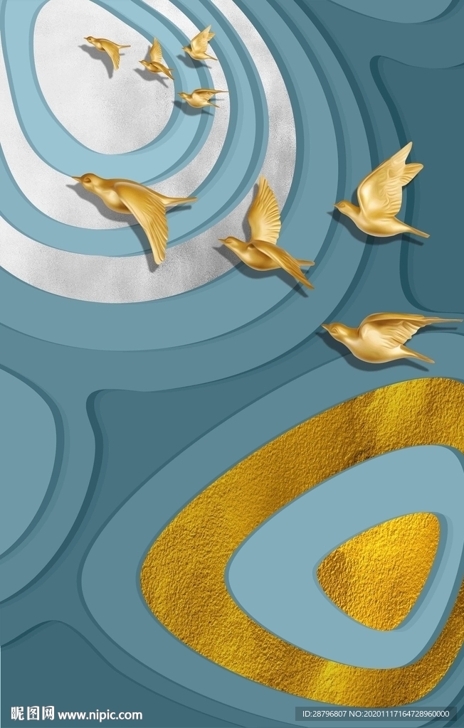 金银色北欧简约抽象飞鸟装饰画