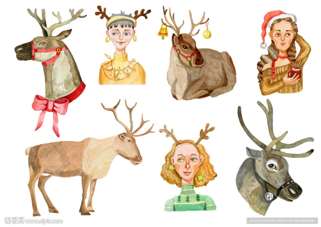 圣诞节手绘插画麋鹿圣诞帽女元素