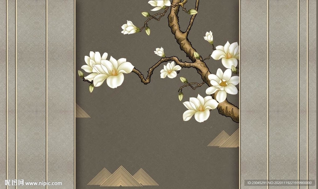 玉兰花新中式山水背景墙