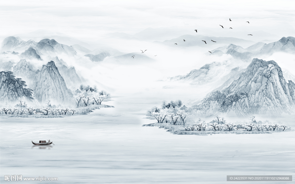 新中式写意水墨山水电视背景