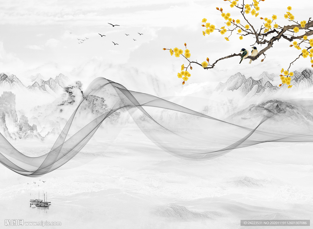 新中式水墨山水花鸟线条背景墙