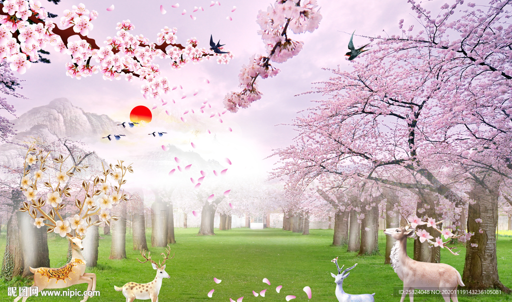 花藤 梅花鹿 背景墙图片